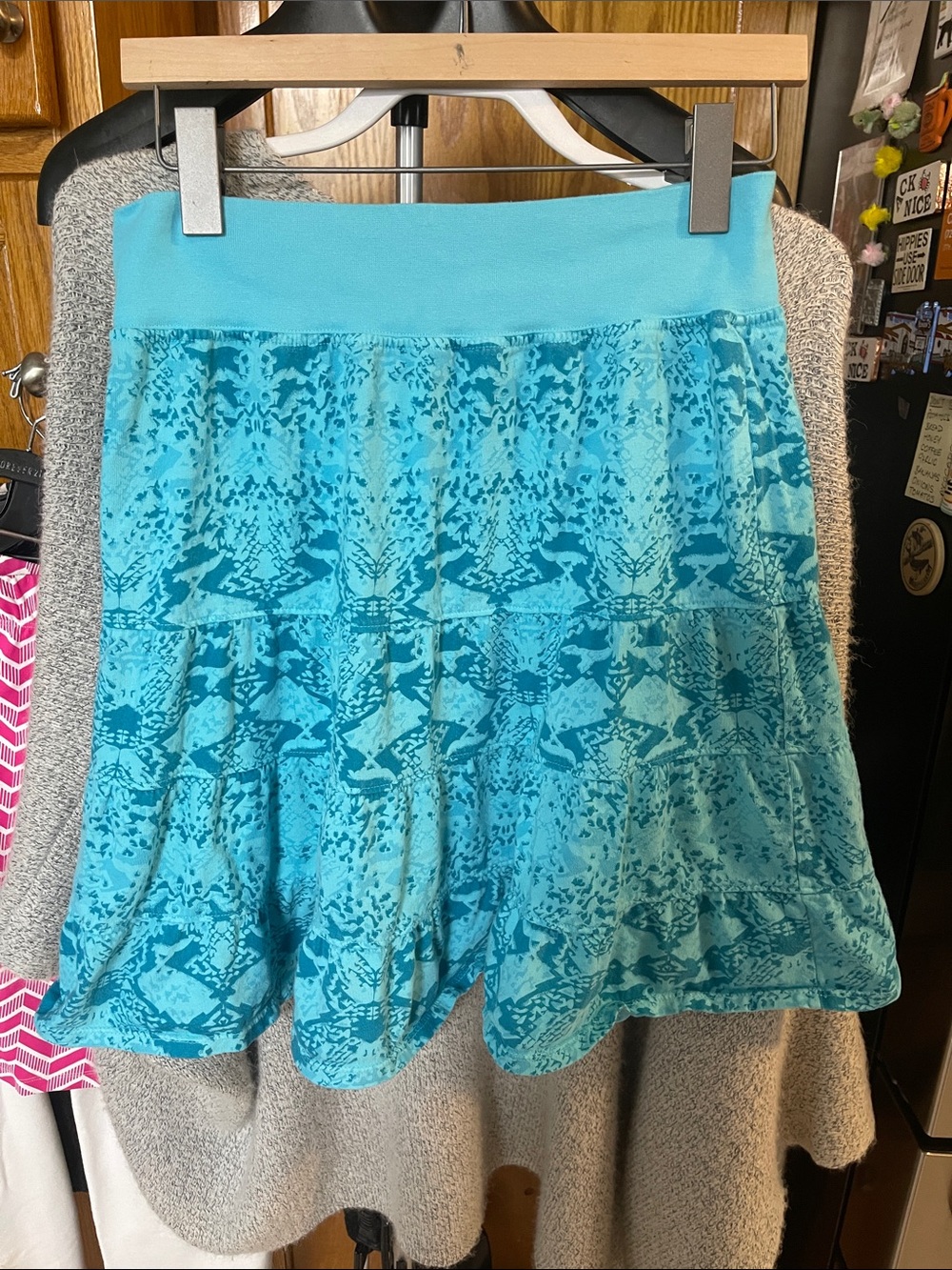 French Producer Woman Cotton Tiered Skirt lite Blue Green Printed Medium